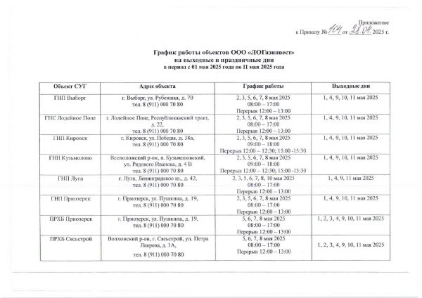 График работы ООО "ЛОГазинвест" на выходные и праздничные дни